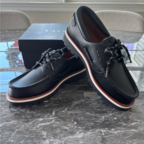 Coach Men’s Size 8.5 Benson Black Leather Boat Shoes - Picture 2 of 12